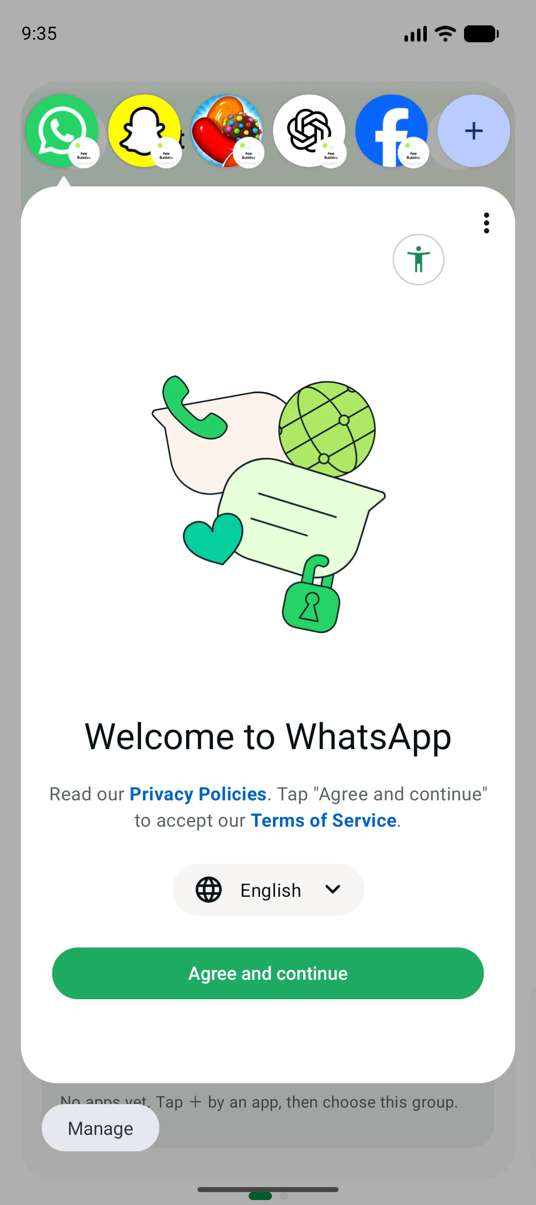 WhatsApp expanded in Orbit with the row of app Bubbles above it