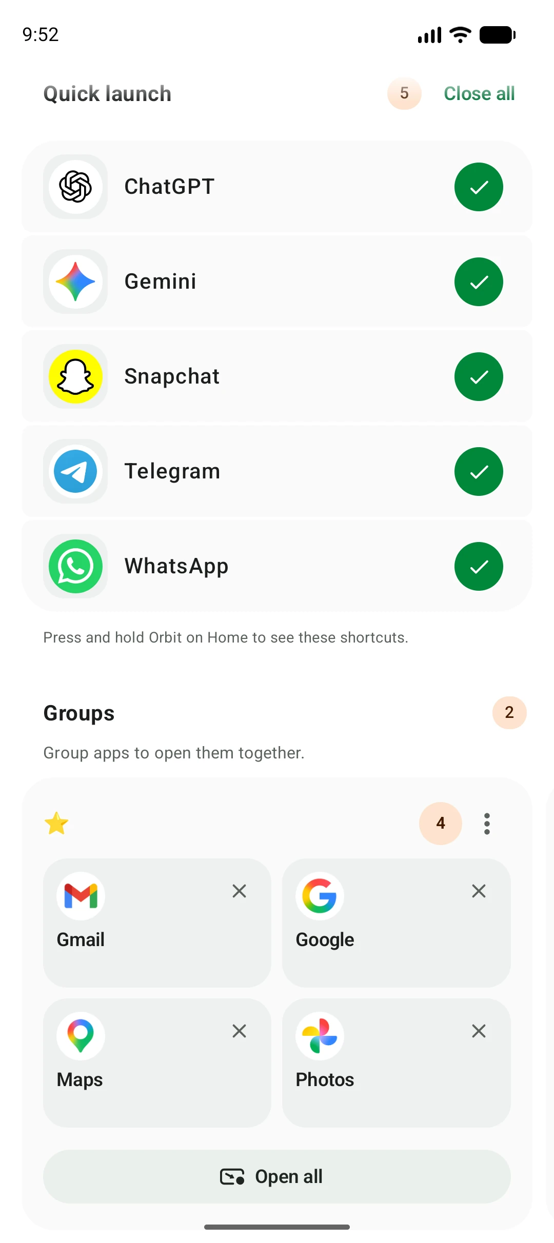A group with Gmail, Google, Maps, Photos and Open all