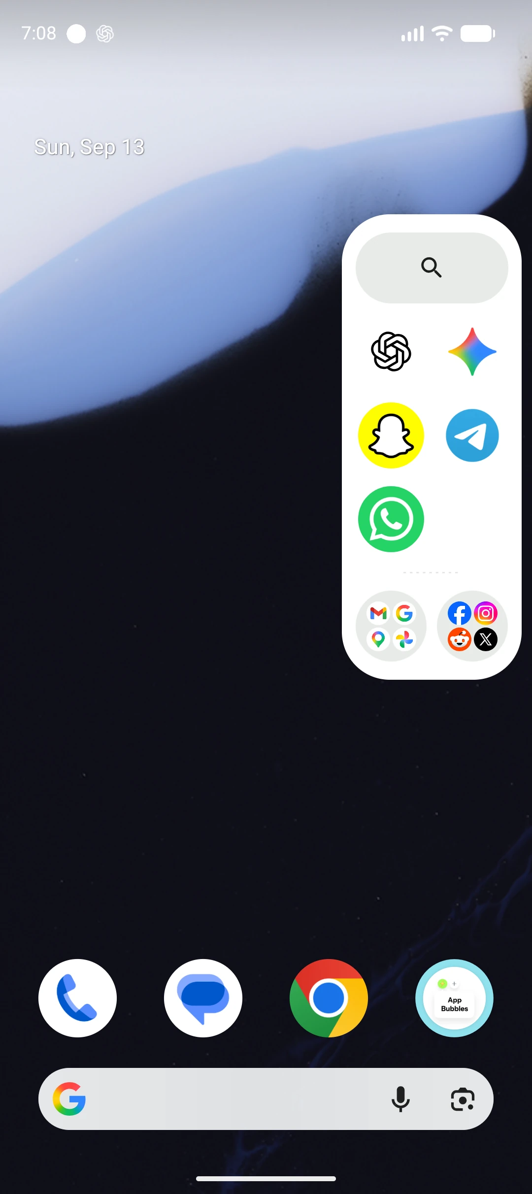 White two-column Edge Panel with app search and app groups