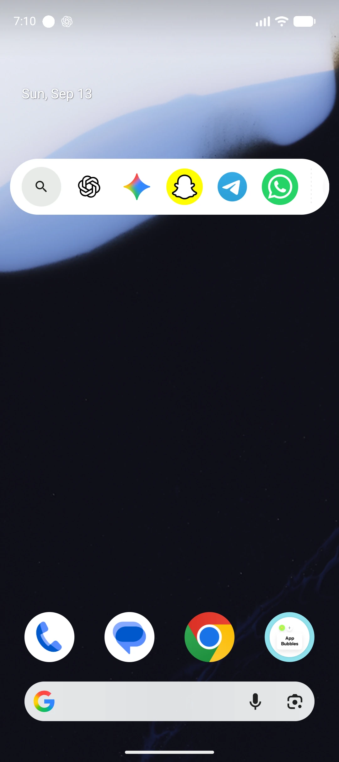 White horizontal floating app dock with search and favorite apps