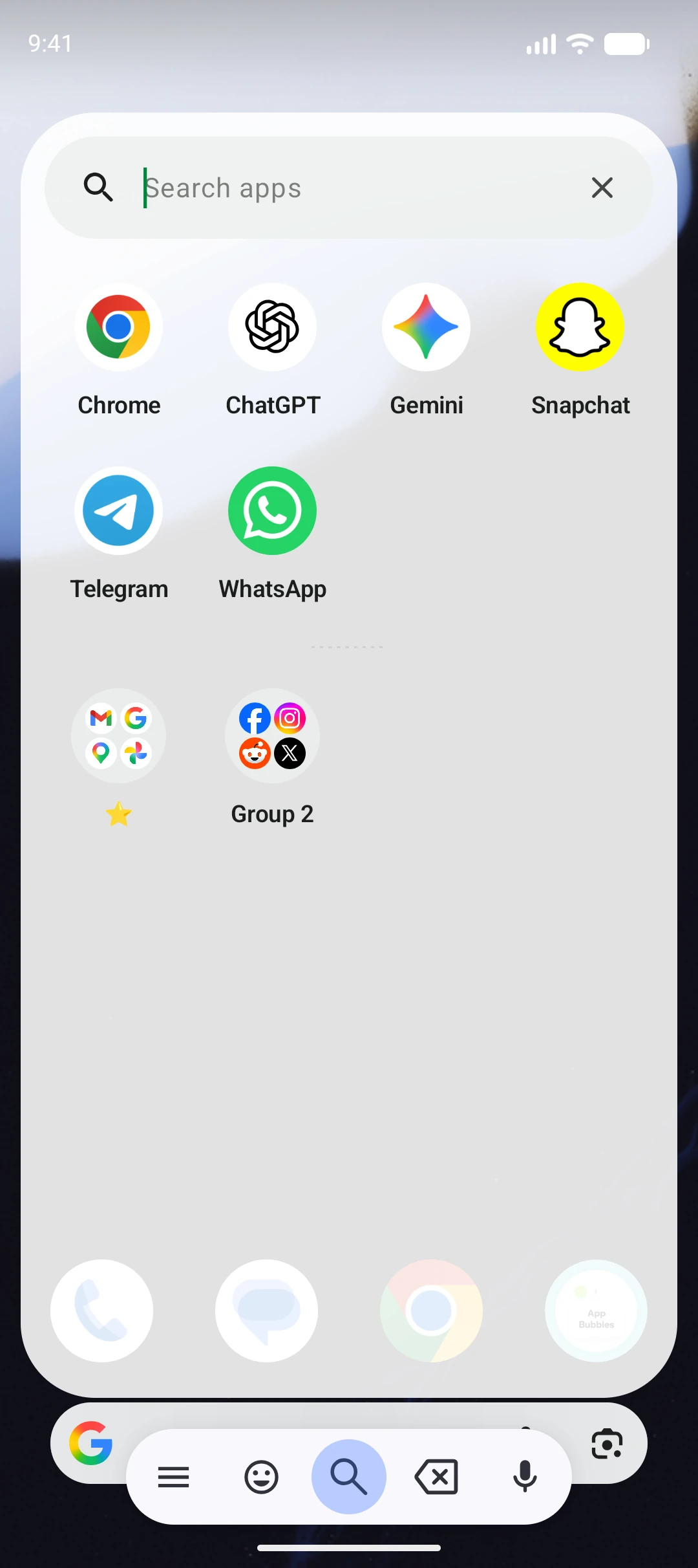 Search apps field with favorite apps and groups