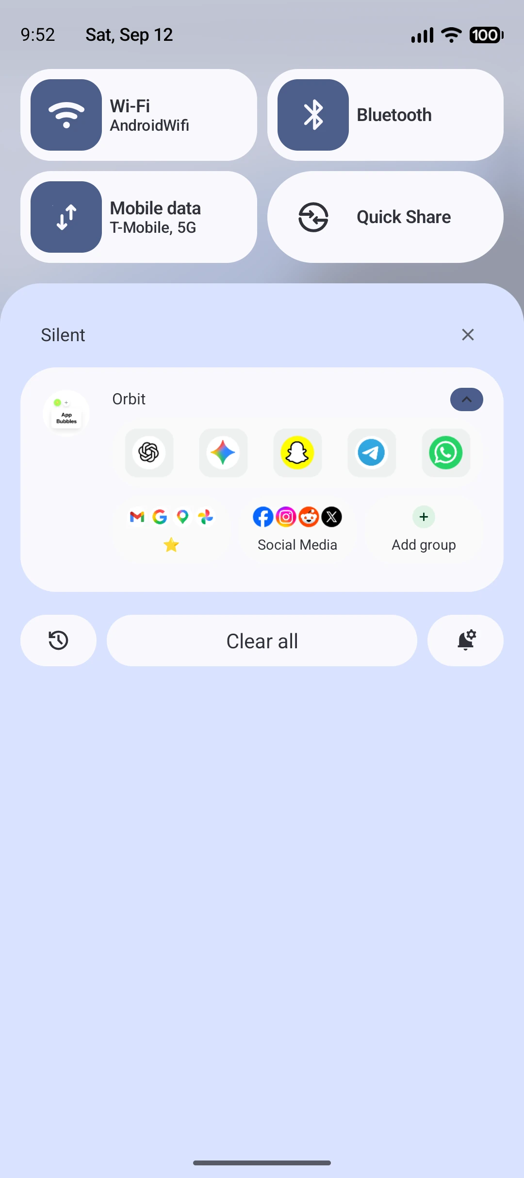 Orbit Quick launch notification with apps and groups
