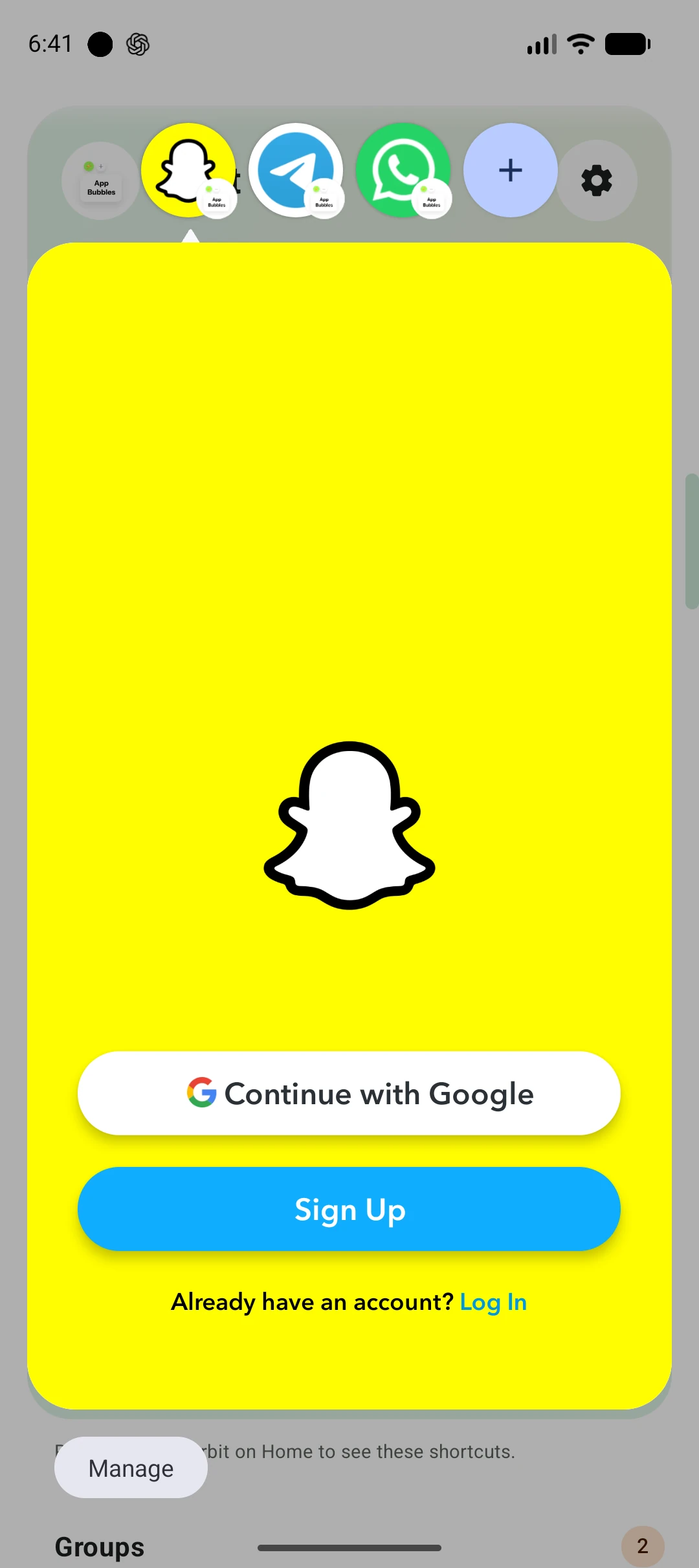 Snapchat expanded in an Orbit Bubble, with other app Bubbles above
