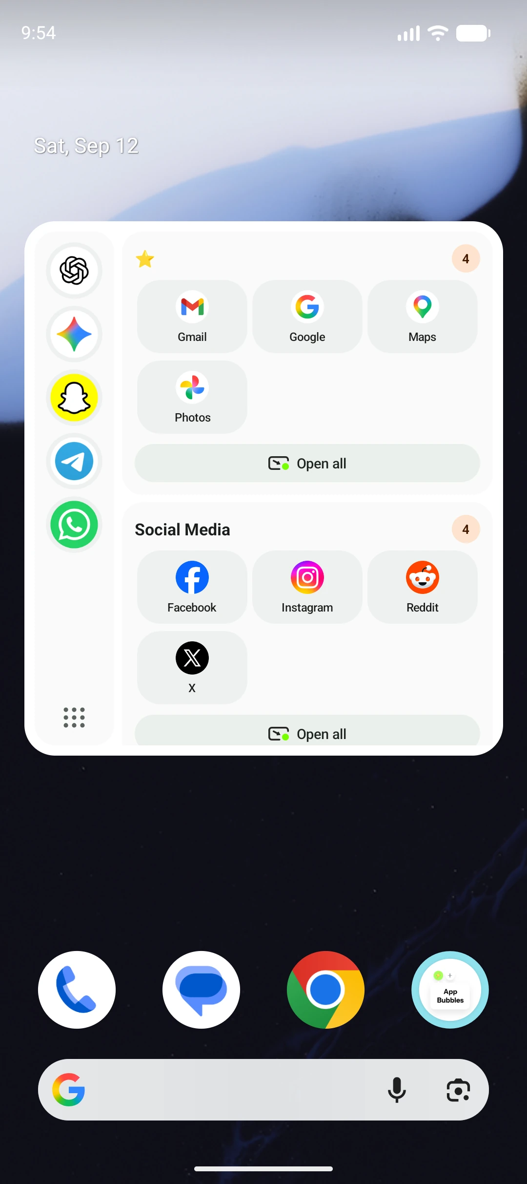 Orbit Home widget with apps, groups and Open all